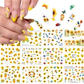 12 Sheets Sunflower Nail Art Stickers Summer Nail Decals Water Transfer Floral Nail Supplies 3D Holographic Nail Stickers Decal Bee Butterfly Nail Art Accessories for Women Girls DIY Nail Decoration