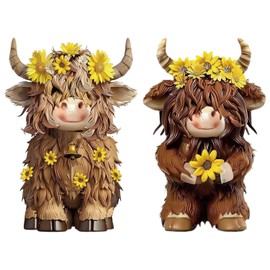 2 Pcs Highland Cow Figurine, Highland Cow Ornaments with Daisy Flower for Home & Office Decor, Highland Cow Gifts for Highland Cow Lovers