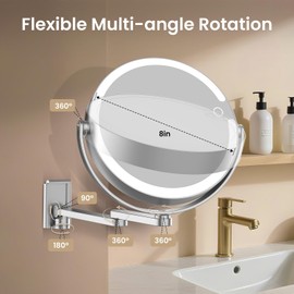 FRANO Wall Mounted Makeup Mirror with Lights, 8-inch 20X/1X Magnifying Mirror, Rechargeable LED Vanity Mirror with 3 Color Lights, 360° Swivel & Extendable Arm