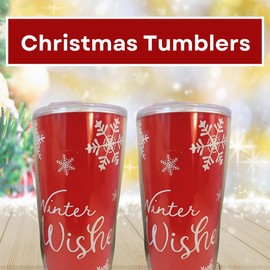 EB (2) Red Winter Decorative Printed Christmas Tumblers Reusable Plastic Holiday Drinkware Set for Home Kitchen Office Travel Cups Party Favor Xmas Thanksgiving Gift Supplies Stocking Stuffer