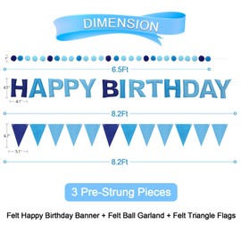 LITAUS Pre-Strung Happy Birthday Banner & Felt Garland Set - Blue Birthday Decorations for Boys, Men & Pets | Reusable Felt Party Supplies for Indoor & Outdoor Celebrations