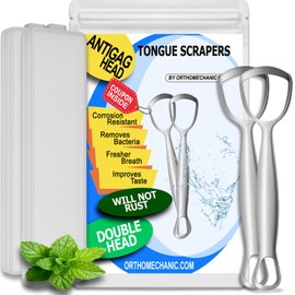 Orthomechanic Double-Headed Tongue Scrapers (Pack of 2) for Adults & Kids with Travel Cases, 100% Stainless Steel, Gentle & Durable Scrapers. (2 Tongue Scrapers)
