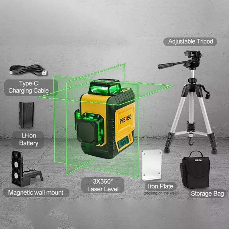 PREXISO 82 Ft 3x360° Self Leveling Laser Level Cross Line