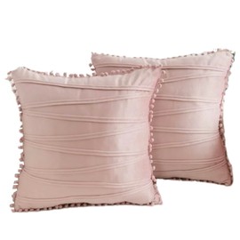 Set 0f 2 Throw Pillows Covers Decorative with Pompoms Stripe Velvet Cushion Covers Covers Soft Coach Sofa Chair Home 18x18 Inches White Cream (50x50, Pink)
