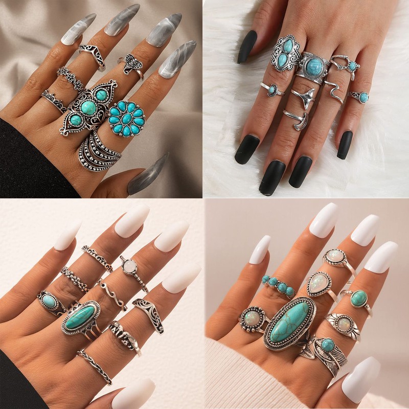 Mixcbe 50 Pcs Western Turquoise Rings Set for Women Vintage
