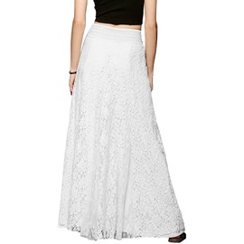 CHARTOU Womens Elegant Floral Lace Elastic High Waist Pleated Maxi Long Beach Skirts, White, Medium