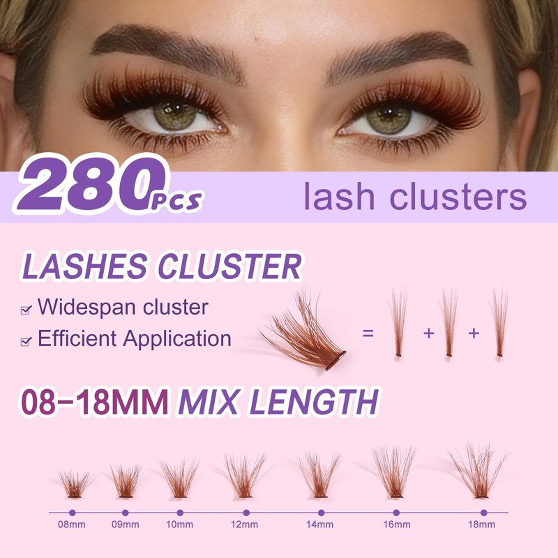 Brown Wispy Lash Clusters Natural Puffy Eyelash280 Pcs, 80D Curly