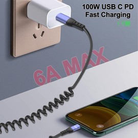 JSADZKJ USB C to USB C Coiled Cord 6A USB Type Cable Fast Charging Car Short Coiled Type C Cable for Mobile Phones, Laptops, Power Banks, Cars 1ft
