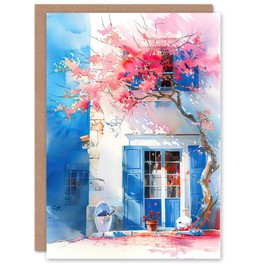 Artery8 Greeting Card Flowering Bougainvillea Boho Mykonos Watercolour Blank For Him Or Her Art Birthday Card