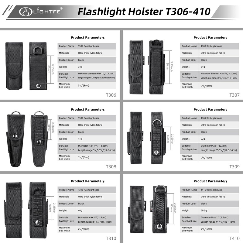 6-Pack Flashlight Holster T306~T410,Tactical Flashlight Holster, Flashlight Pouch Holster, Nylon Flashlight Torch Pouch（Holster 6Set）