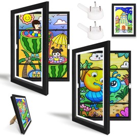 2Pack Kids Art Frame, A4 Picture Frame for 100-150 Pictures, Wooden Frames Front Opening, Wall-mounted Standing Children Art Frame with Hooks, Drawing Display Storage, 24X33cm (Black)