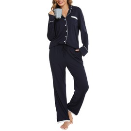 Vlazom Pyjamas Set for Women, Soft Two Pieces Pjs Sets Long Sleeve Button Down Tops and Pants Sleepwear Loungewear with Pockets,Navy Blue,L