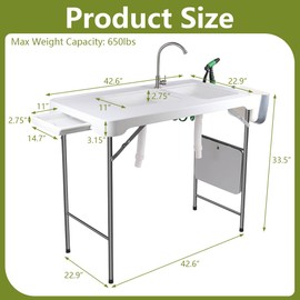 Yfybed Folding Fishing Cleaning Table, 4ft Portable Camping Sink Table with Faucet & 2 Sinks, w/Grid Rack, Drainage Hose, Sprayer, Garbage Bin, Drawer for Picnic Camping Kitchen Gardening, Style B