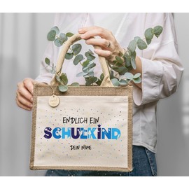 AMBERGER DESIGN by A&M Osterhage amd Jute-Tasche Endlich Schulkind Motiv Astronaut | Jute-Beutel Kinder personalisiert | Größe S Geschenk Einschulung