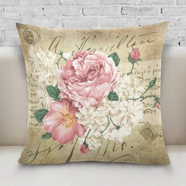 ZOEO Square Decorative Throw Pillow Case Cushion Cover,Vintage Shabby Chic Pink Rose Floral,Soft Pillowcase 18x18 inch