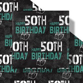RUSPEPA Birthday Wrapping Paper for Man - Mini Roll - HAPPY 50th BIRTHDAY Text Design for Men's or Father's Birthday Party Gift Wrap and Special Occasions - 17 inches x 16.4 feet - 50 Year Old
