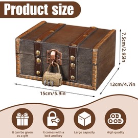 AHEJIOO Treasure Chest with Lock 15 x 12 x 7.5 cm, Vintage Treasure Chest with Combination Lock, Wooden Treasure Chest Children's Birthday, Treasure Chest Children's Birthday, for Storage Decoration