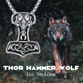 PROESS Thor Hammer Urn Necklace Sterling Sliver Mjolnir Cremation Necklace for Ashes Norse Viking Wolf Memorial Jewelry for Men