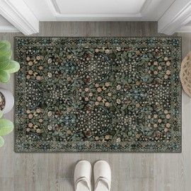 MUJOO 2x3 Washable Rug,Floral Small Area Rugs for Bathroom Entryway Entry Bedroom Bedside,Boho Front Door Mat Indoor Entrance Throw Carpet Botanical Vintage Non Slip Ultra-Thin Black and Green