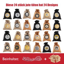 Advent Calendar for Filling, Printed Christmas Calendar, Jute Bags, 24 Large Jute Bags Chain to Fill Yourself and Hang, 2023 Gift Bags for Children (Black)