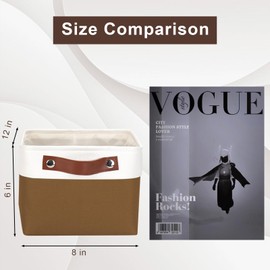 Bagnizer Small Storage Basksts with PU Handle - 12*8*6 inch Decorative Fabric Storage Bins, Foldable Linen Closet Cubes, Organizer Container for Home, Shelves, Nursery, Dorm, Gift (Brown&White)