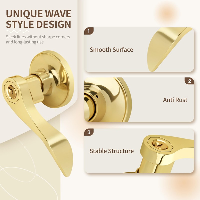 Moquin Wavy Style Gold Door Handle with Lock and Key,