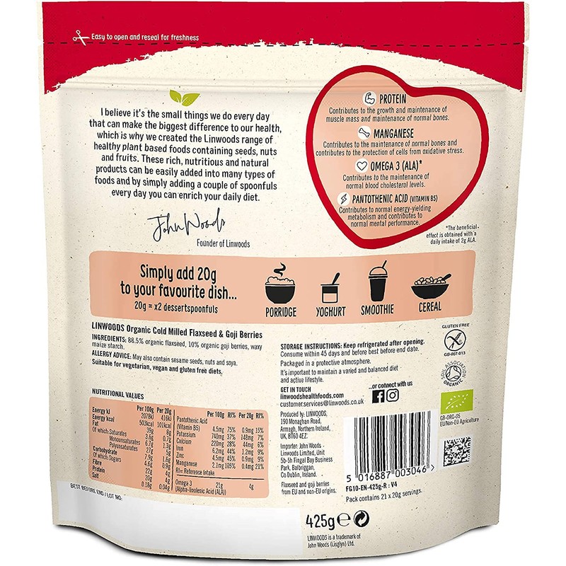 LINWOODS Sun Dried Goji Organic Milled Flaxseed 425g (PACK OF