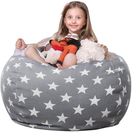 Wekapo Stuffed Animal Storage Bean Bag Chair Cover for Kids | Stuffable Zipper Beanbag for Organizing Children Plush Toys Large Premium Cotton Canvas (Grey star, X-Large)