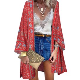 Vancavoo Beach Tunic Women's Beach Dress Long Summer Pareo Beach Tunic Floral Print Cardigan Boho Bikini Cover Up Long Sleeves Beach Poncho Beach Cardigan Swimwear, red