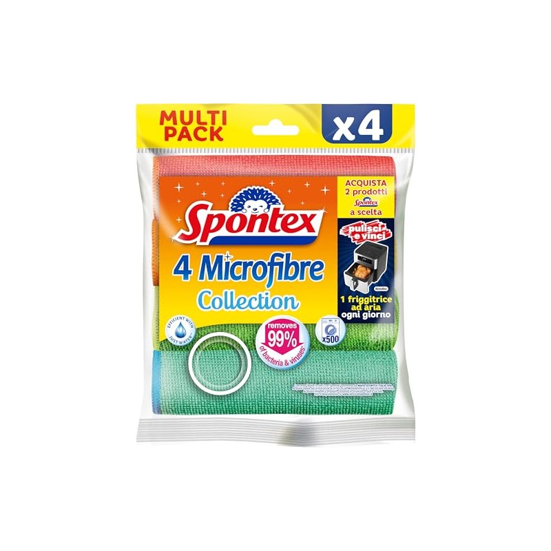 Spontex Microfibre x4, Orange, Yellow, Light Blue, Fuchsia