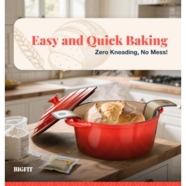 Cast Iron Dutch Oven for Bread Baking, With Banneton Bread Proofing Basket & Sourdough Baking Supplies, 5QT Multi-Functional Enameled Dutch Oven Pot with Lid, Cast Iron Bread Pan, Red