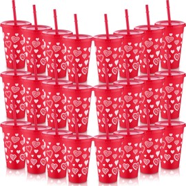 Jingmore 24 Pcs Valentine's Day Cups with Lids and Straws 16 oz Heart Plastic Reusable Cups Valentine's Day Tumbler Red Water Bottle Christmas Gifts for Women Wife Wedding Anniversary Party Supplies