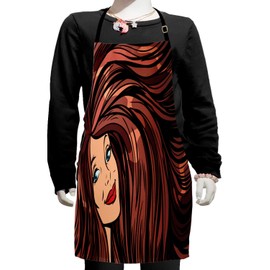 Ambesonne Hair Salon Apron, Retro Comic Book Inspired Vintage Style Woman with Brunette Hair and Red Lips, Small Apron Bib with Adjustable Ties for Baking Painting, Small Size, Multicolor