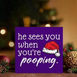 ANIANG He Sees You When You're Pooping Sign, Funny Christmas Decorations, Bathroom Christmas Decor, ChristmasSign, ChristmasWood Sign for Guest Room Bathroom Toilet, 8x10 Inch （Purple)