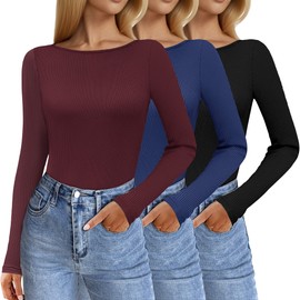 Ekouaer 3 Pack Womens Long Sleeve Shirts Boat Neck Ribbed Thermal Undershirts Lightweight Basic Top Black/Navy/Dark Red L