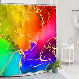 Mitpok Abstract Colorful Marble Shower Curtain 60Wx72H Modern Rainbow Ombre Swirl Elegant Gold Tie Dye Ink Texture Luxury Minimalist Unique Bathroom Decor Aesthetic Bath Curtain Polyester 12 Pack Hook