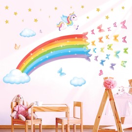 DECOWALL SG2-2401 Rainbow Wall Stickers Colorful Butterflies Unicorn Clouds Wall Decals Kids Baby Nursery Girls Bedroom Living Room Wall Décor