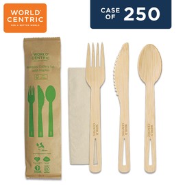 World Centric Disposable Bamboo Cutlery Set - Fork, Knife, Spoon, and Napkin - Case of 250 - FSC® Certified Bamboo - 100% Bio-Based - AS-BB-TN