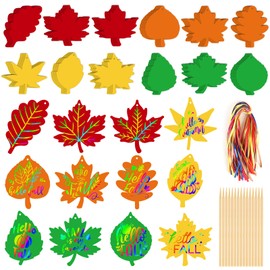 60 Packs Fall Harvest Rainbow Scratch Paper Art Set Fall Decorations Colorful Fall Leaves with 60 Pcs Colored Ribbons 15 Pcs Wooden Stylus for Scratch Art for Kids DIY Autumn Supplies