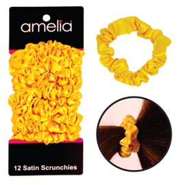 Amelia Beauty, Yellow Satin Small Scrunchies, 12-Pack – No Damage Hair Ties for Women, Gentle & Durable Hair Accessories, 2.5in x 0.5in