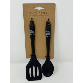 Rae Dunn 2-Pc Mini Slotted Turner and Spoon Food Prep Silicone Tools BLACK