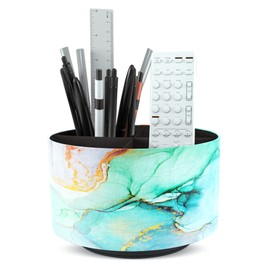 Czzmy Round Leather Art Supply Organizer,Remote Control Holder,360 Degree Spinning,Multi-Functional Pencil Holder,4 Compartments Desktop Stationary Organizer(1-Splash Ink)