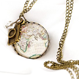 MadamLili Globetrotter Women's Necklace World Map Chain with Camera - Handmade, Brass Glass, No Gemstone