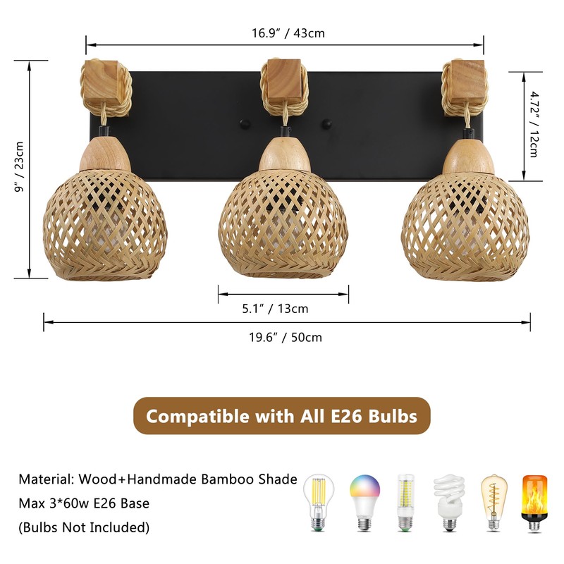 LmnLvn Farmhouse Bathroom Light Fixture, 3-Light Boho Vanity Light, Bamboo