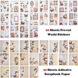 Sticker Book for Adults, 180pcs Vintage Washi Stickers for Journaling and 20 Sheets Adhesive Scrapbook Papers for Scrapbooking Aesthetic Butterfly Scrapboook Stickers for Bullet Junk Journal Supplies