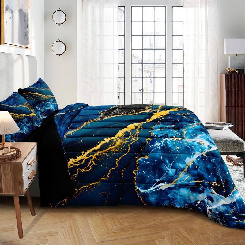 MOVE OVER Blue Gold Marble Comforter Set King Size, Luxury