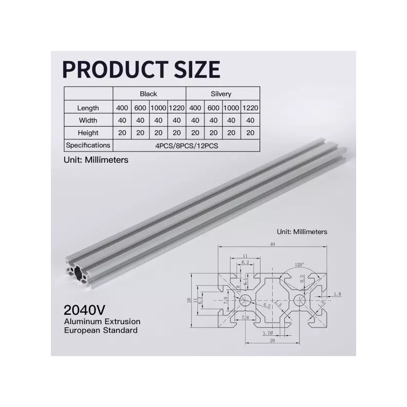 4pcs 200mm 2040 V-슬롯 압출 알루미늄 프로파일 3D 프린터 프레임용