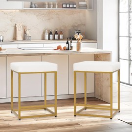 Sophia & William White & Gold Bar Stool Set of 2, Counter Height 24" Bar Stools for Kitchen Island,Modern PU Leather Backless Bar Chairs with Gold Metal Frame, Upholstered Leather Stools