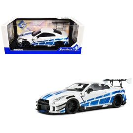 DCD 2024 Nissan GT-R (R35) RHD Right Hand Drive Diecast Toy Liberty Walk 2.0 Body Kit White Metallic Blue Stripes 'For Paul'
