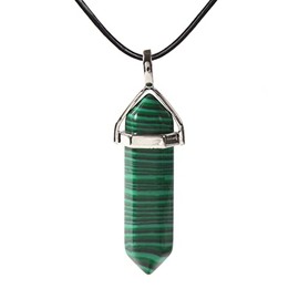 Natural Gemstone Hexagonal Pointed Reiki Chakra Pendant Genuine Leather Necklace 18", Stone, Agate